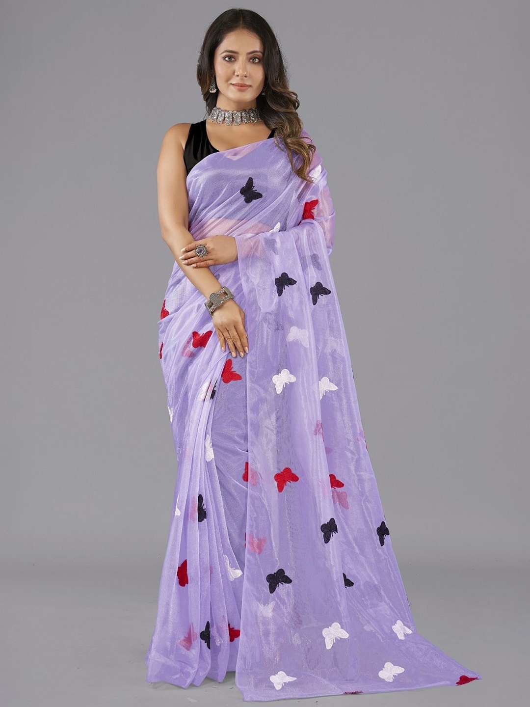 

LADY SHOPI Abstract Party Embroidered Net Saree, Lavender