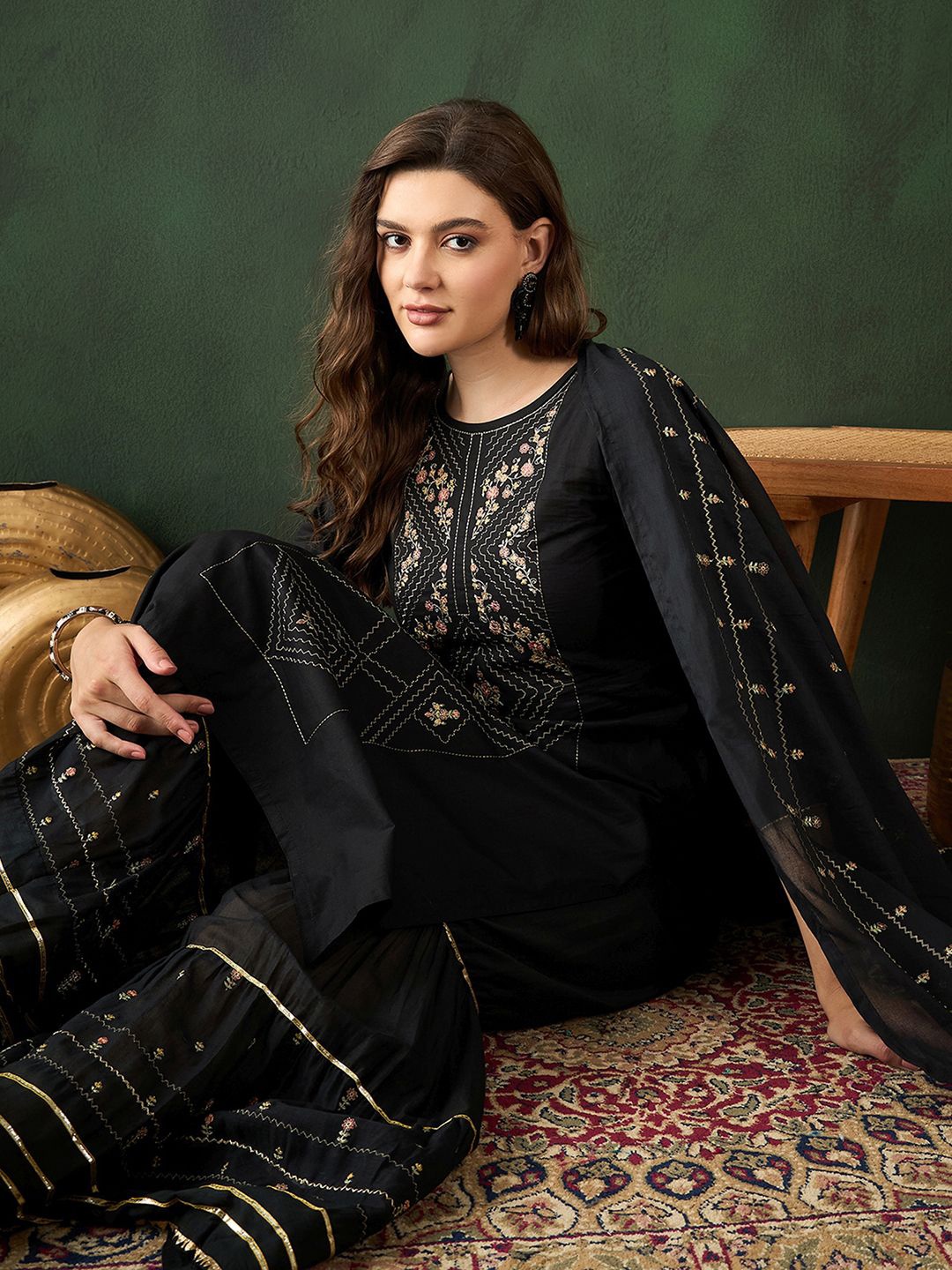 

Sangria Black Embroidered Beads And Stones Pure Cotton Kurta With Sharara & Dupatta