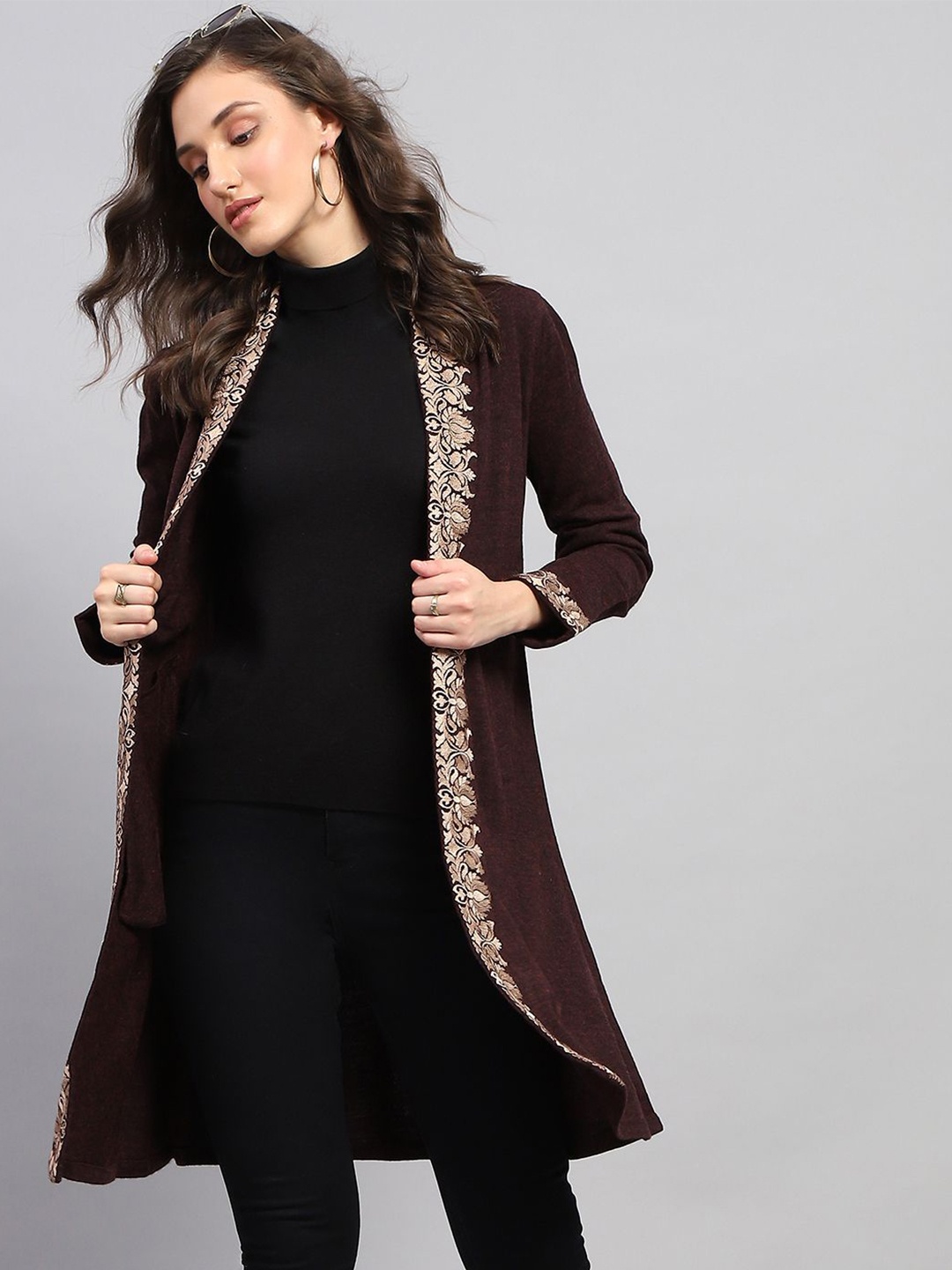 

Monte Carlo Women Floral Printed Front Open Sweater, Burgundy