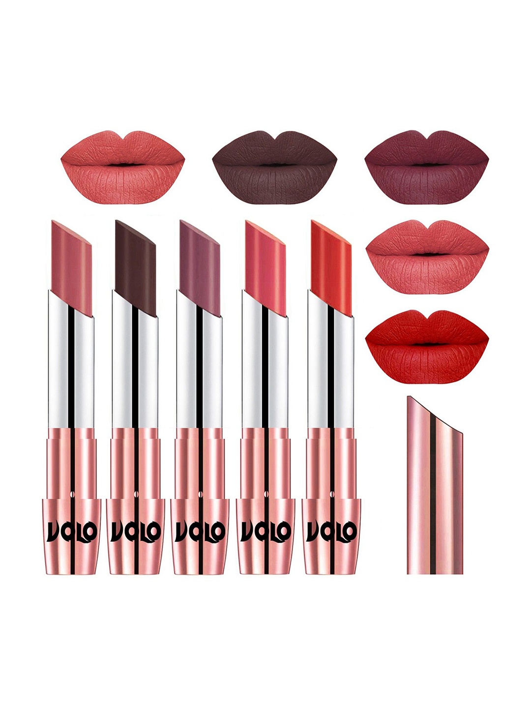 

VOLO Set Of 5 Creme Matte Lipstick 3.5g Each -Light Peach-Chocolate-Plum-Dark Peach-Orange