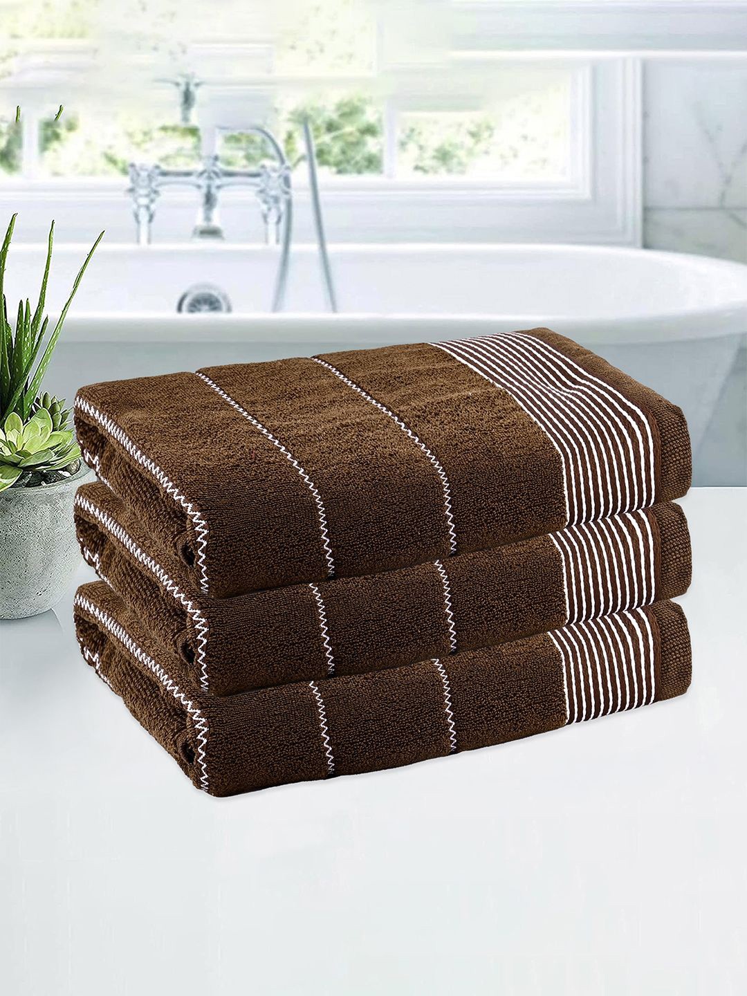 

Kuber Industries Brown & White 3 Pieces Striped Cotton 450 GSM Bath Towel