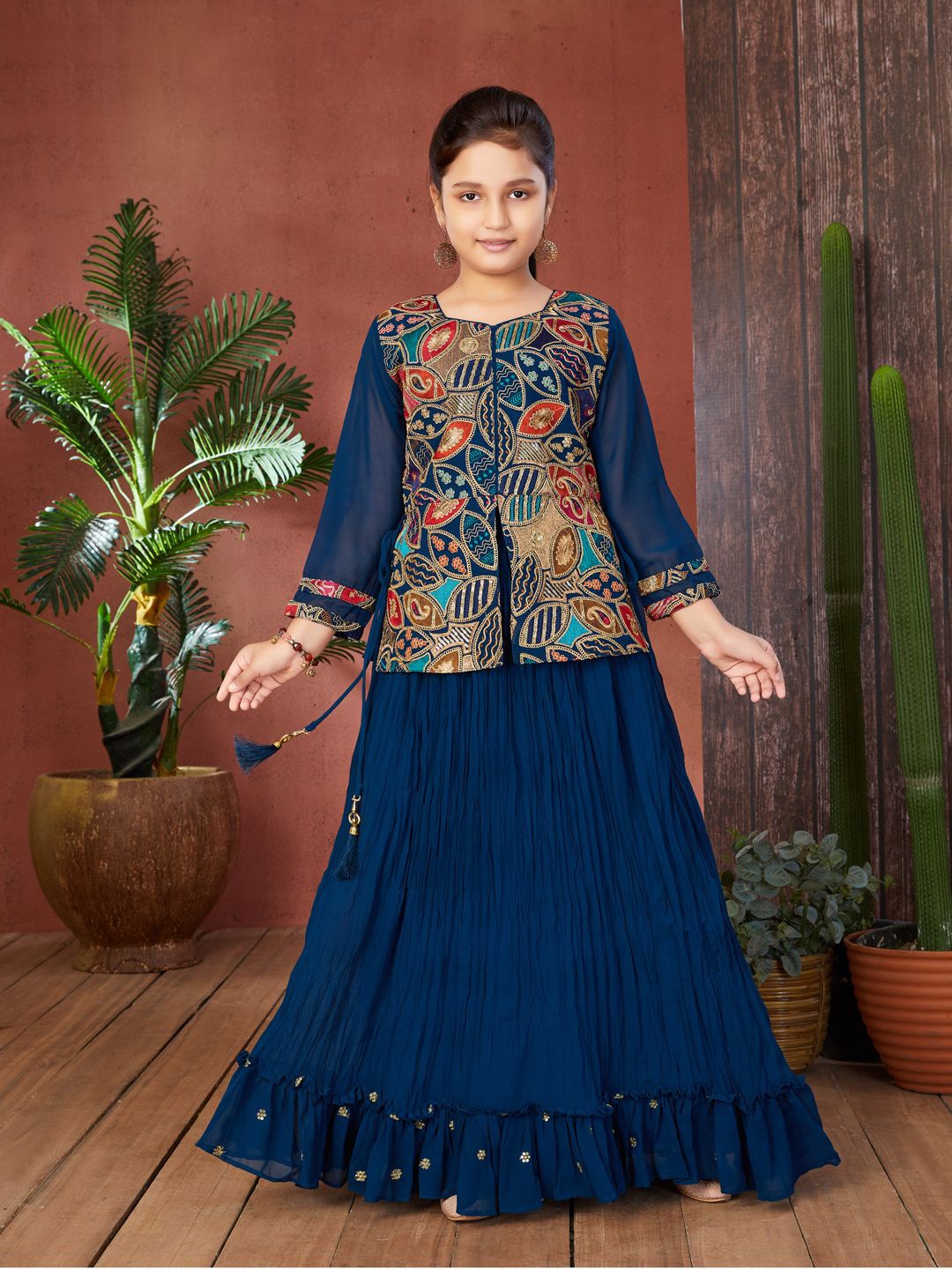 

Aarika Girls Embroidered Thread Work Georgette Ready to Wear Lehenga & Choli, Turquoise blue