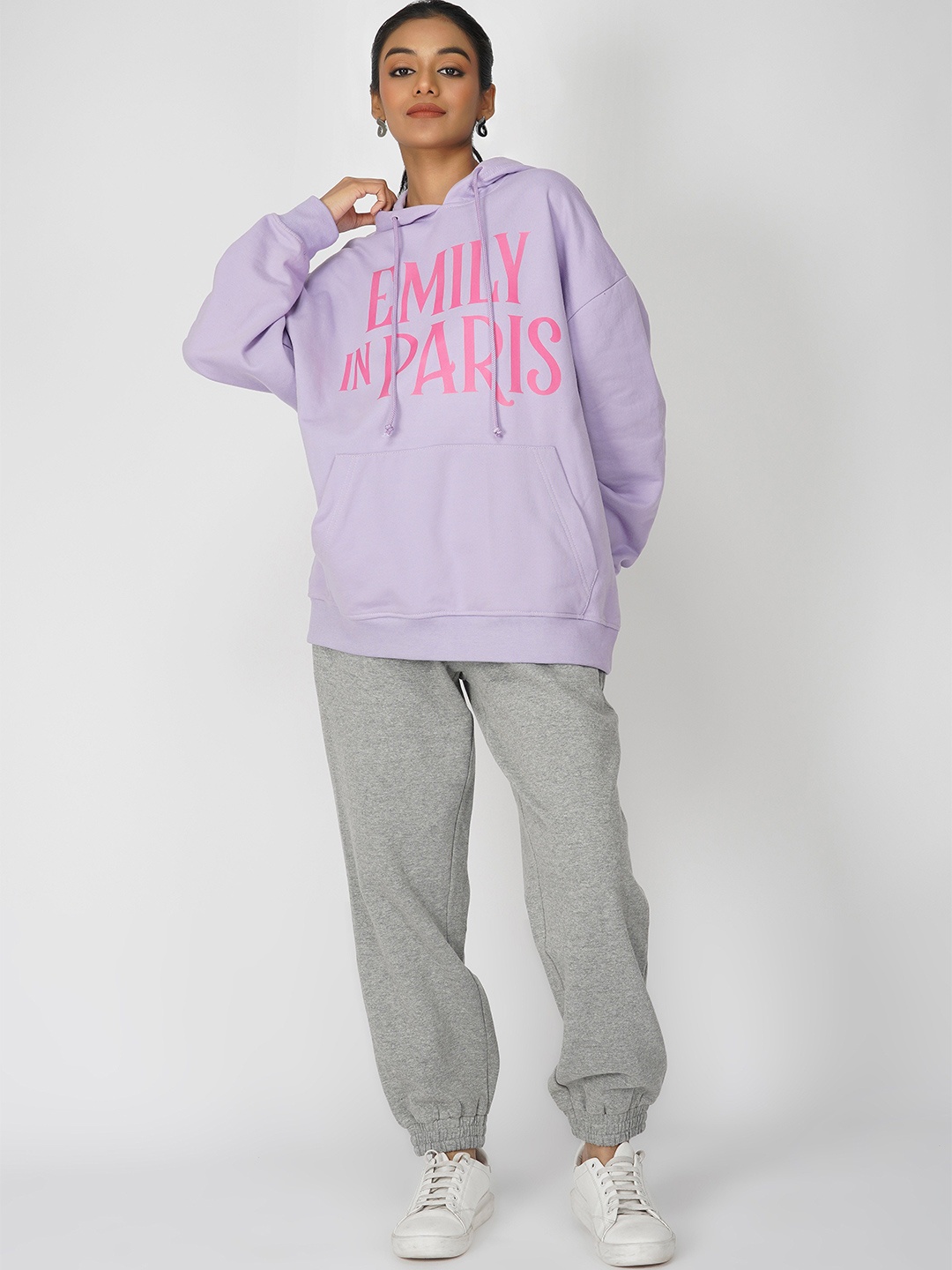 

THE CLOTHING FACTORY Women Emily In Paris Printed Hooded Oversized Sweatshirt, Lavender
