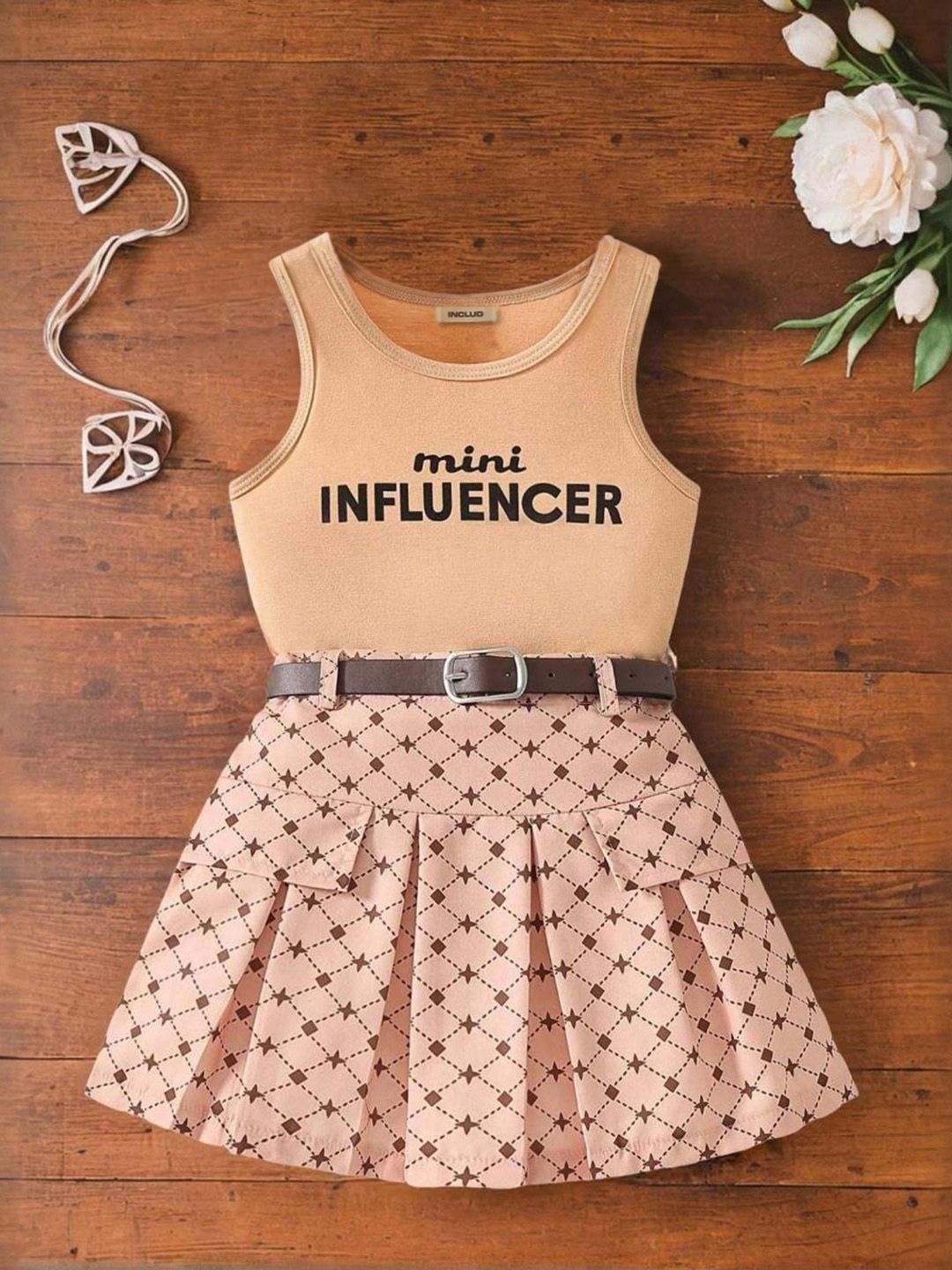 

INCLUD Girls Printed Round Neck Sleeveless Cotton Blend Top With Skirt, Beige