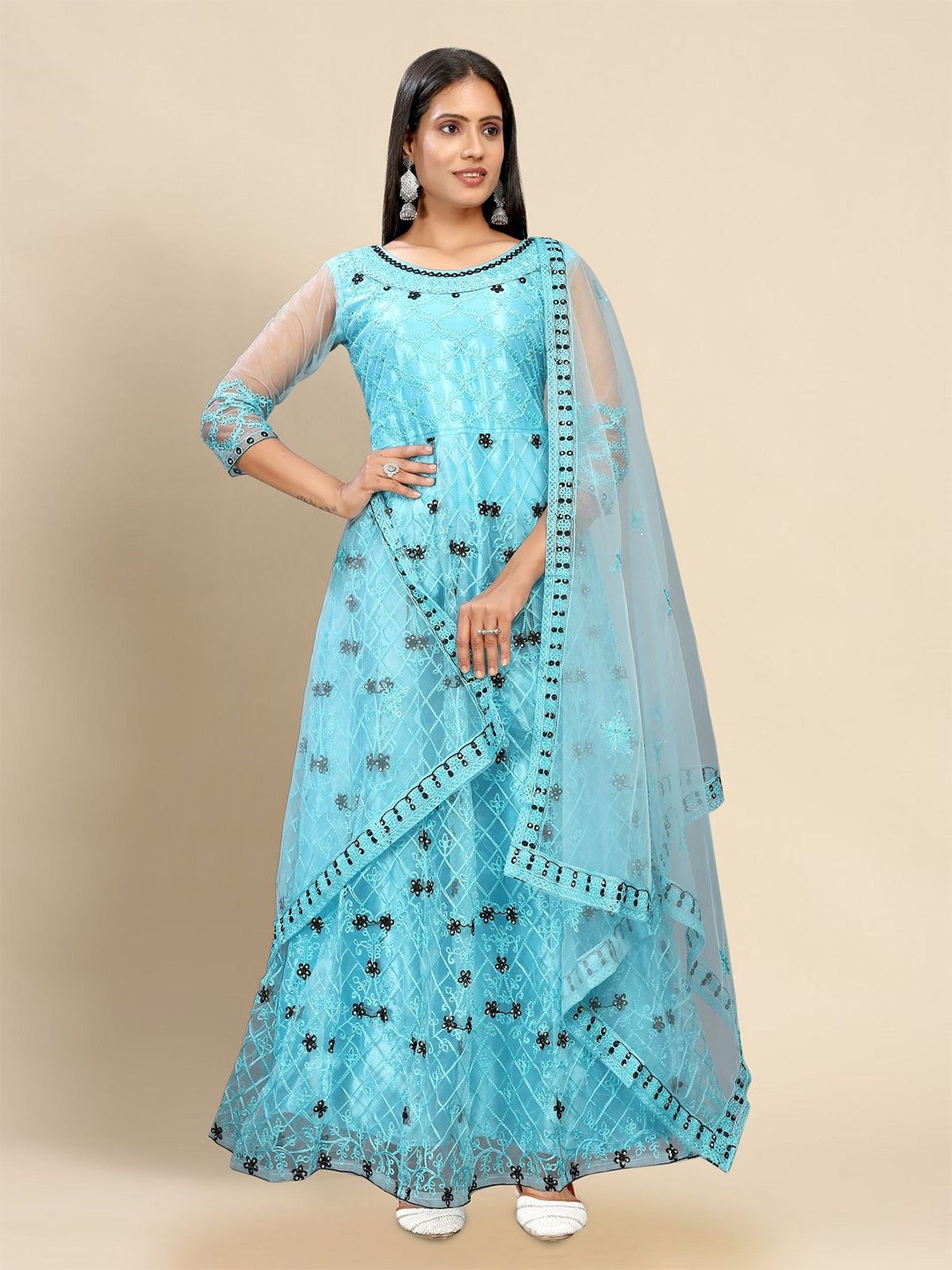 

LADY SHOPI Women Embroidered Net Fit & Flare Maxi Dress, Turquoise blue