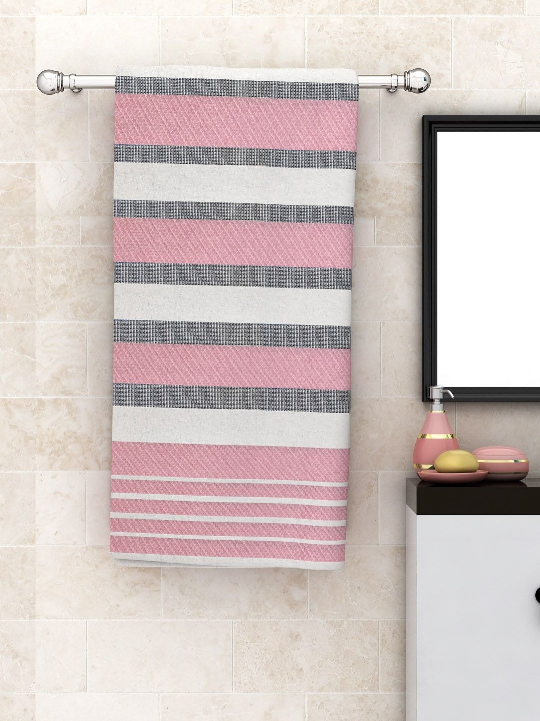 

Aura Pink & White Striped 210 GSM Quick Dry Pure Cotton Bath Towel