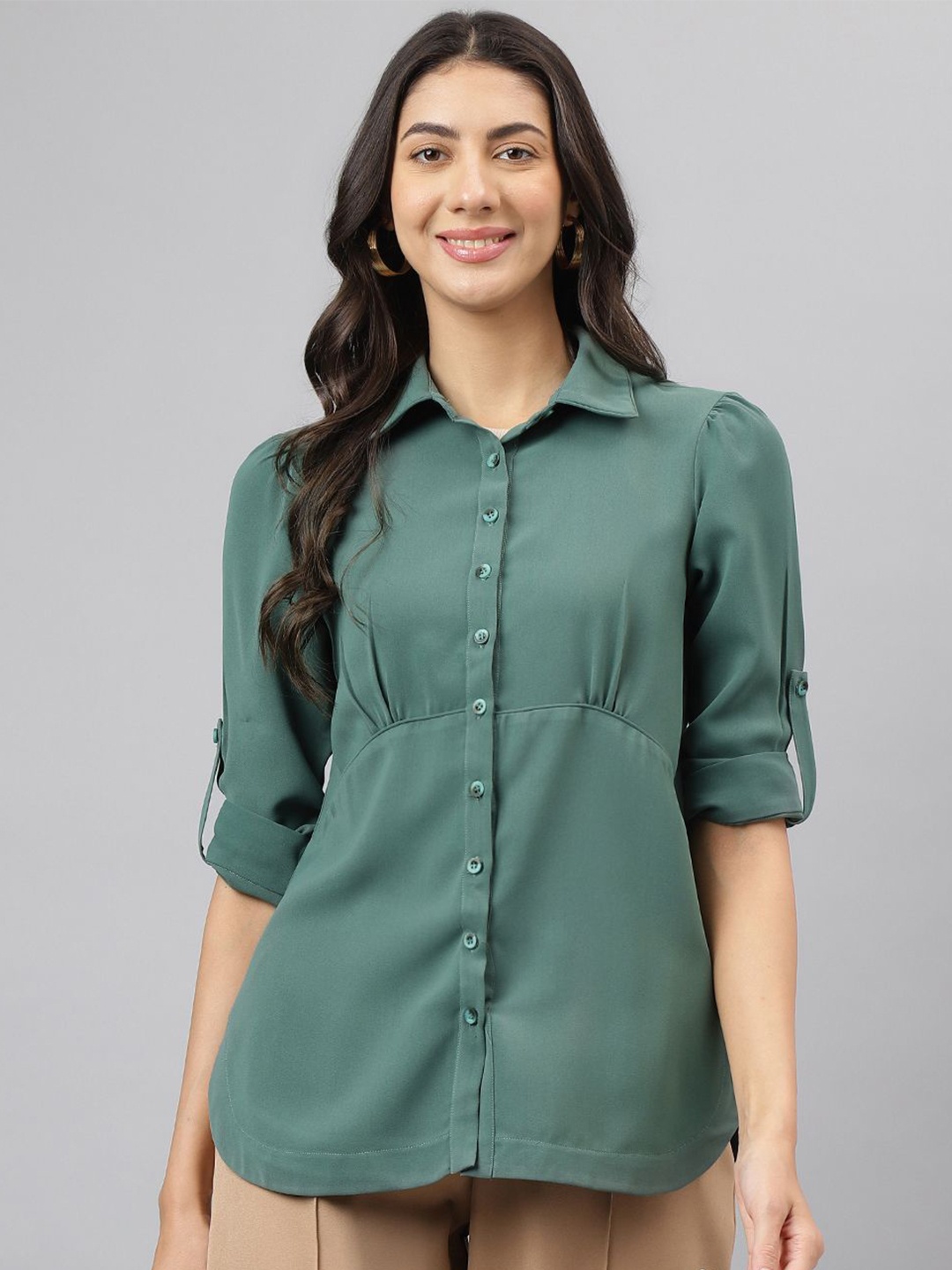 

Latin Quarters Women Spread Collar Solid Casual Shirt, Green