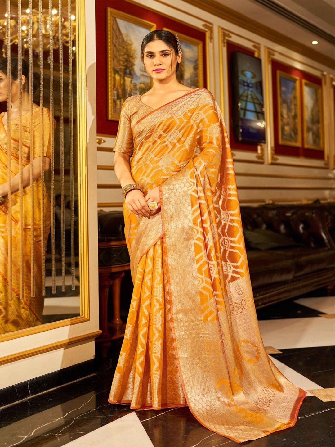 

Krimmple Woven Design Zari Organza Saree, Mustard