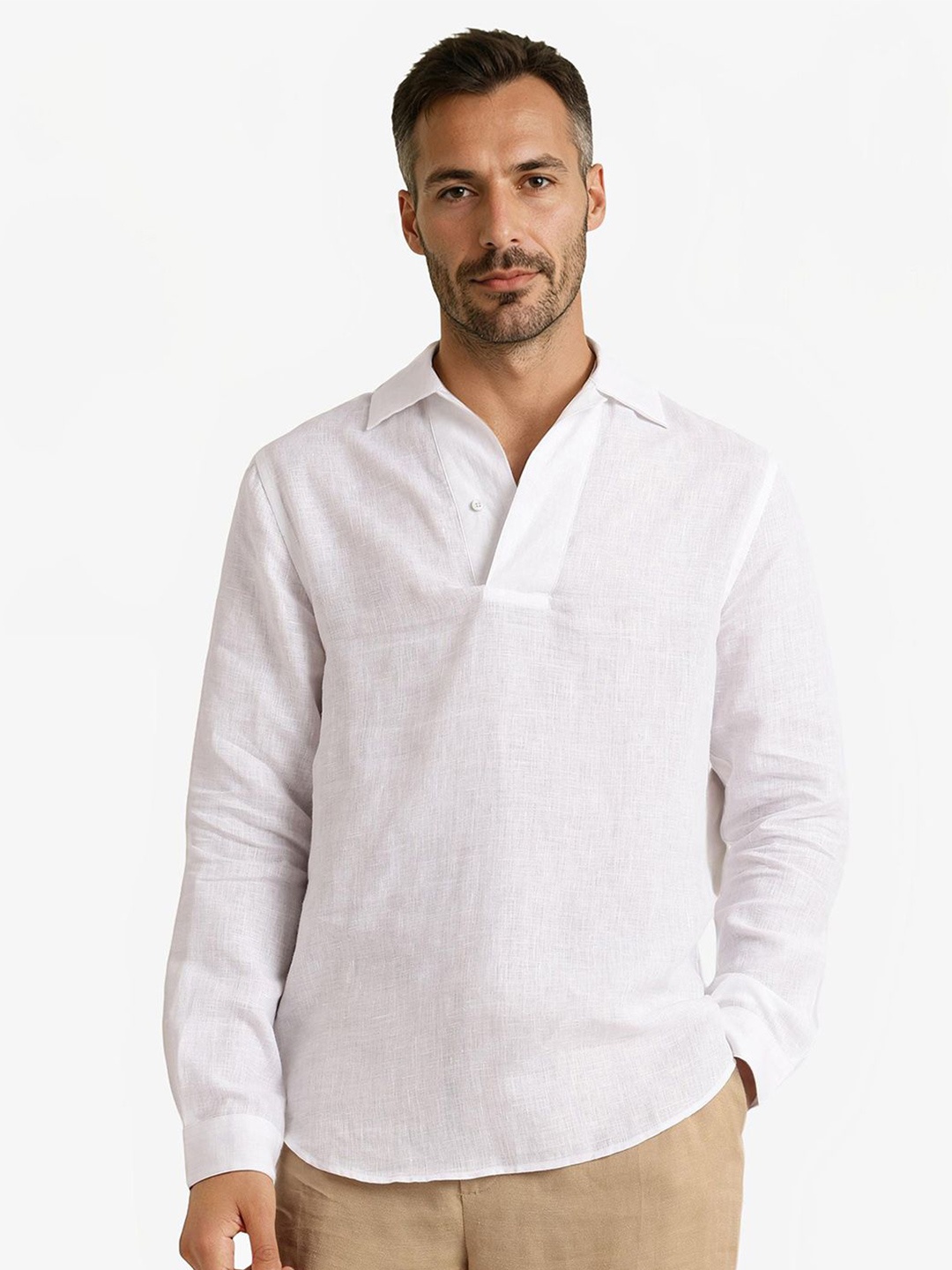 

RARE RABBIT Men Comfort Spread Collar Solid Linen Casual Shirt, White