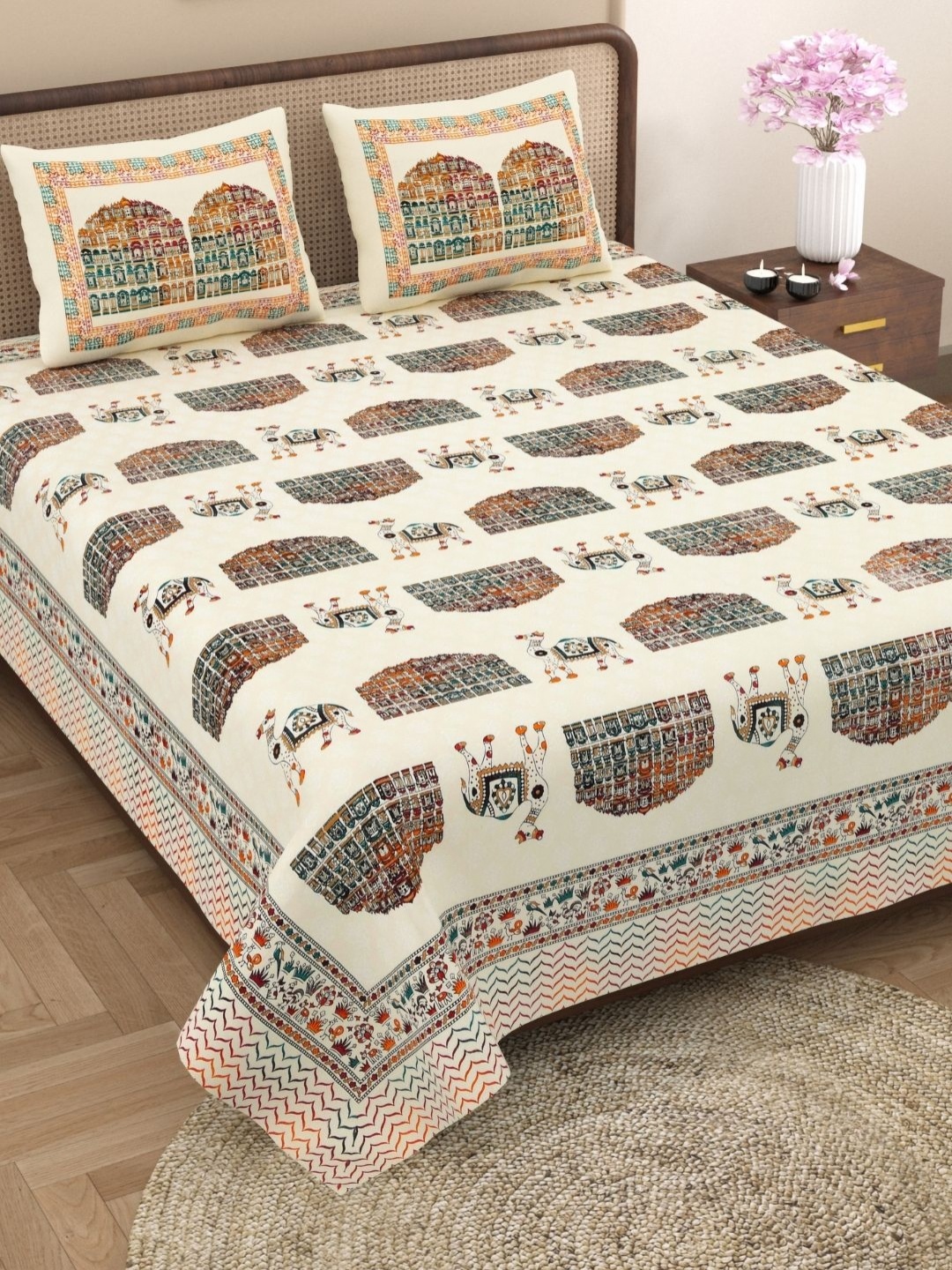 

The Craft Monk Beige Hawa Mahal Printed 240TC Pure Cotton Double King Bedsheet Set