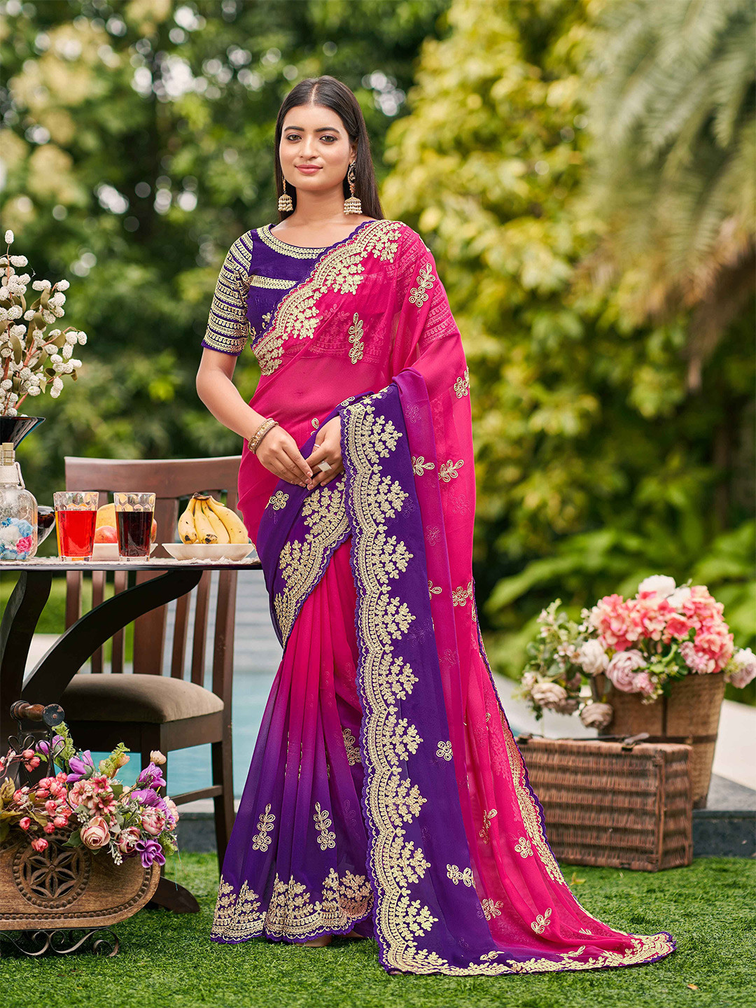 

Zeekha Floral Embroidered Pure Georgette Saree, Pink