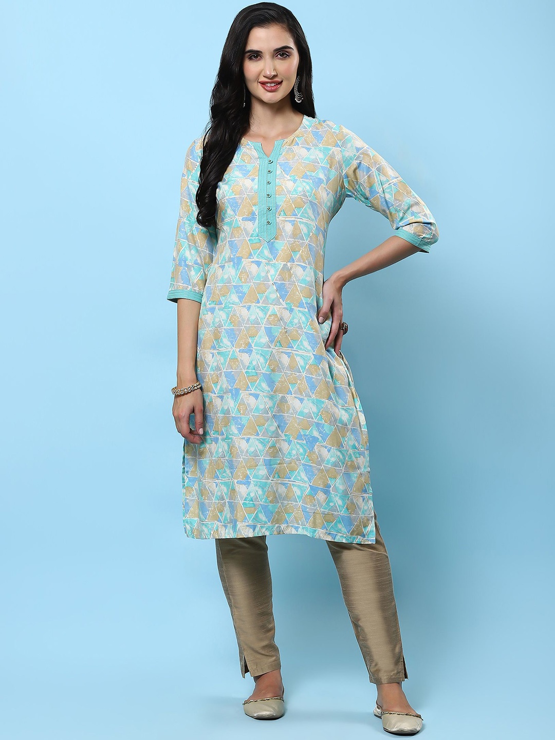 

Shree Notch Neck Printed Liva Straight Kurta, Blue