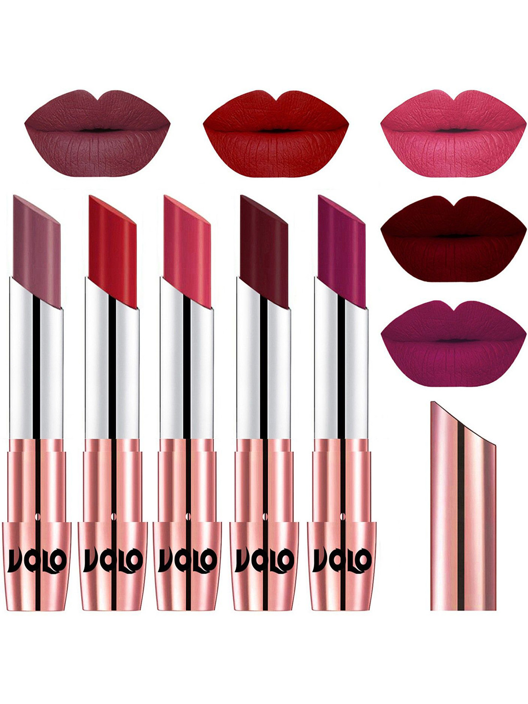 

VOLO Set Of 5 Creme Matte Lipsticks - Plum 36-Tomato Red 40-Pink 41-Maroon 42-Magenta 45, Purple