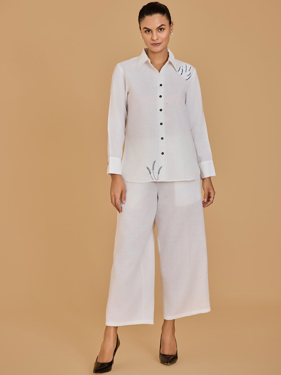 

Urban Sundari Leaf Embroidered Pure Cotton Shirt With Trousers, White