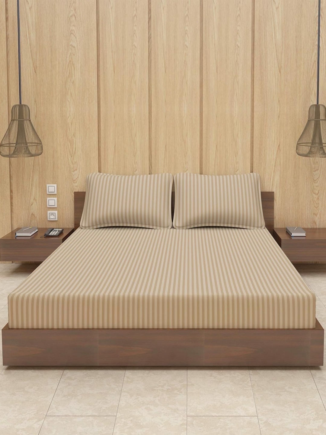 

HOMEZADO Beige Satin Striped 300 TC Queen Bedsheet with 2 Pillow Covers