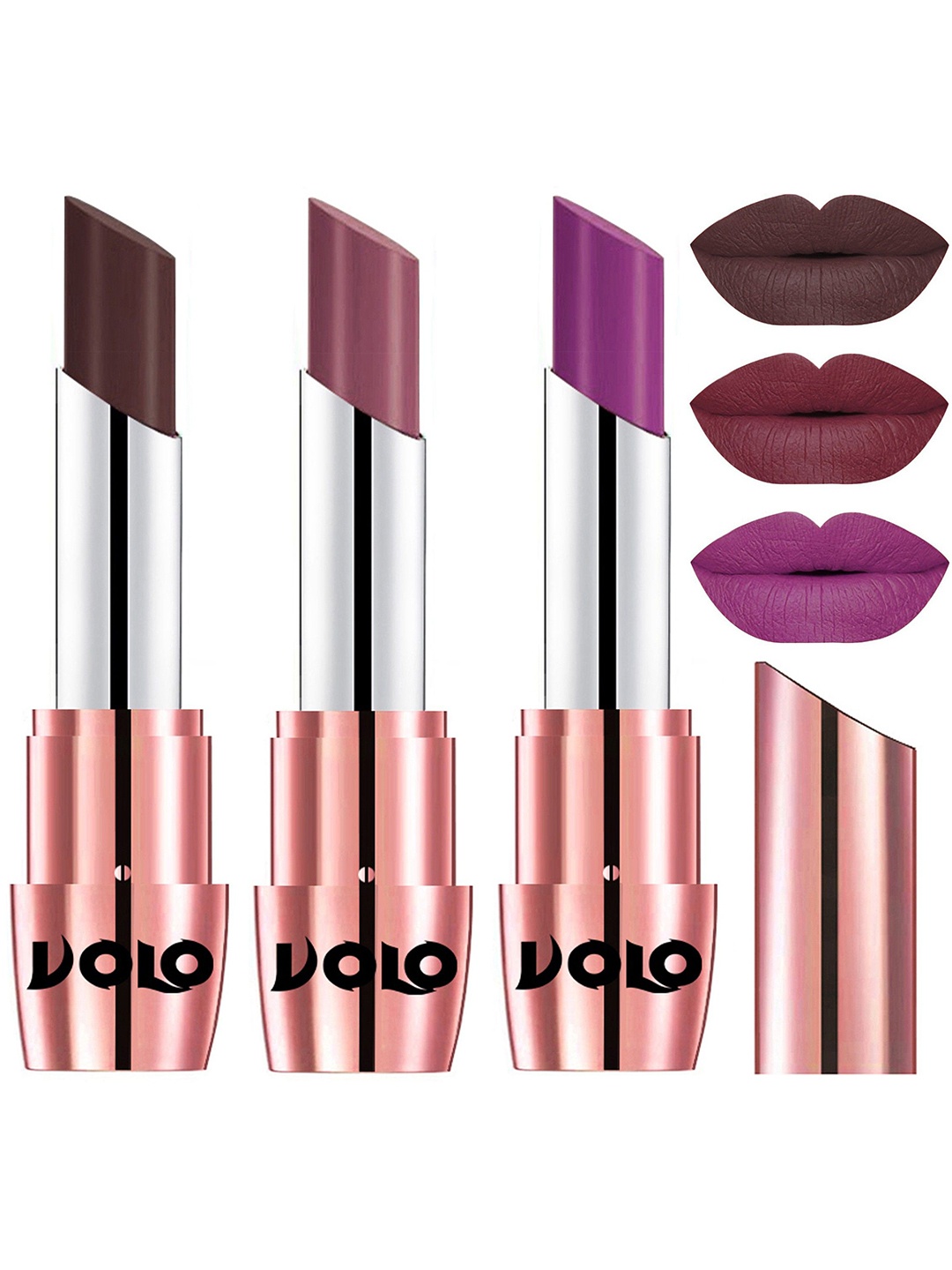 

VOLO Set Of 3 Creme Matte Lipstick 3.5g Each -Plum 635-Purple 636-Chocolate 648, Nude