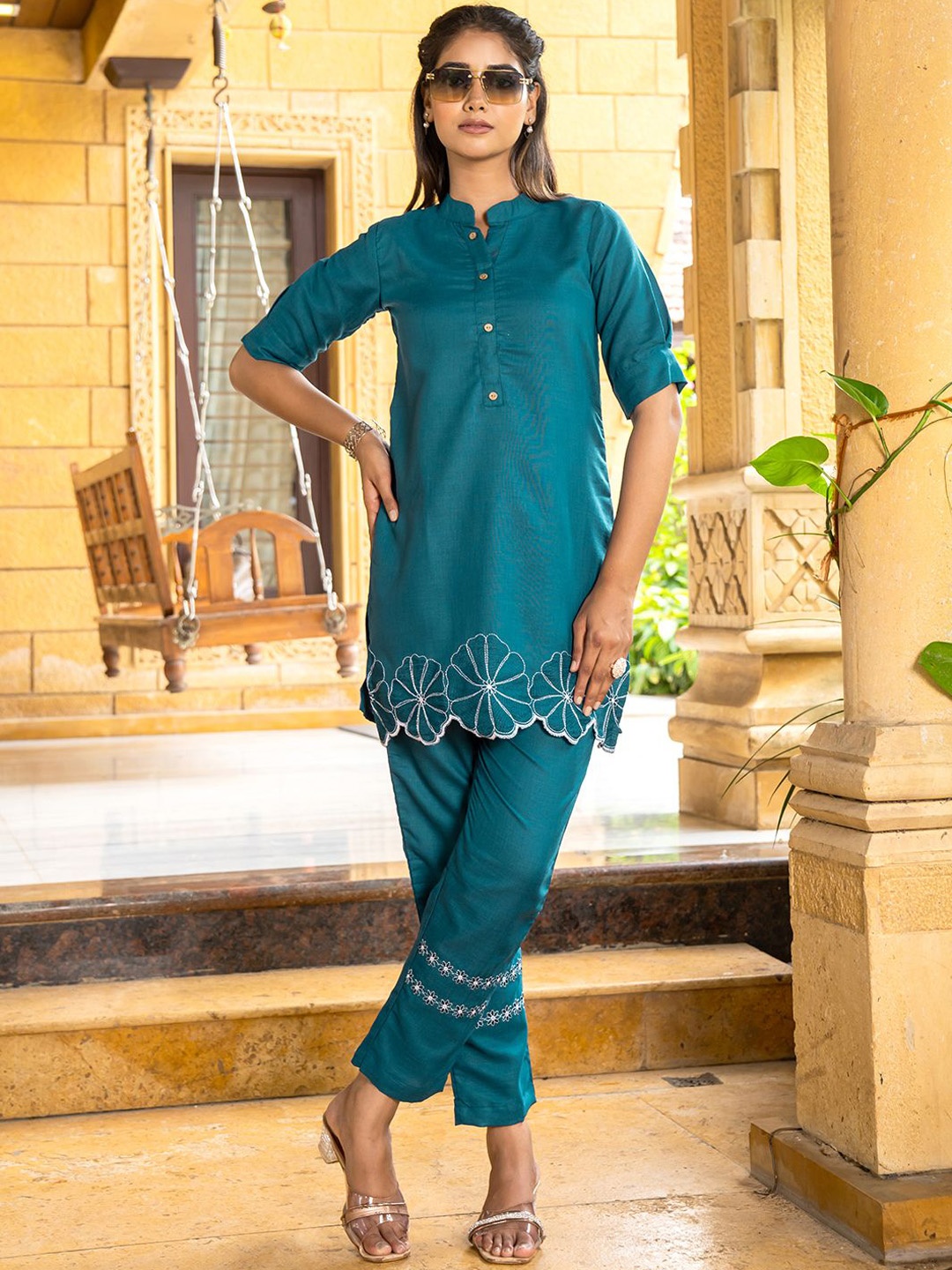 

MISS VERVE Embroidered Tunic & Trousers, Teal