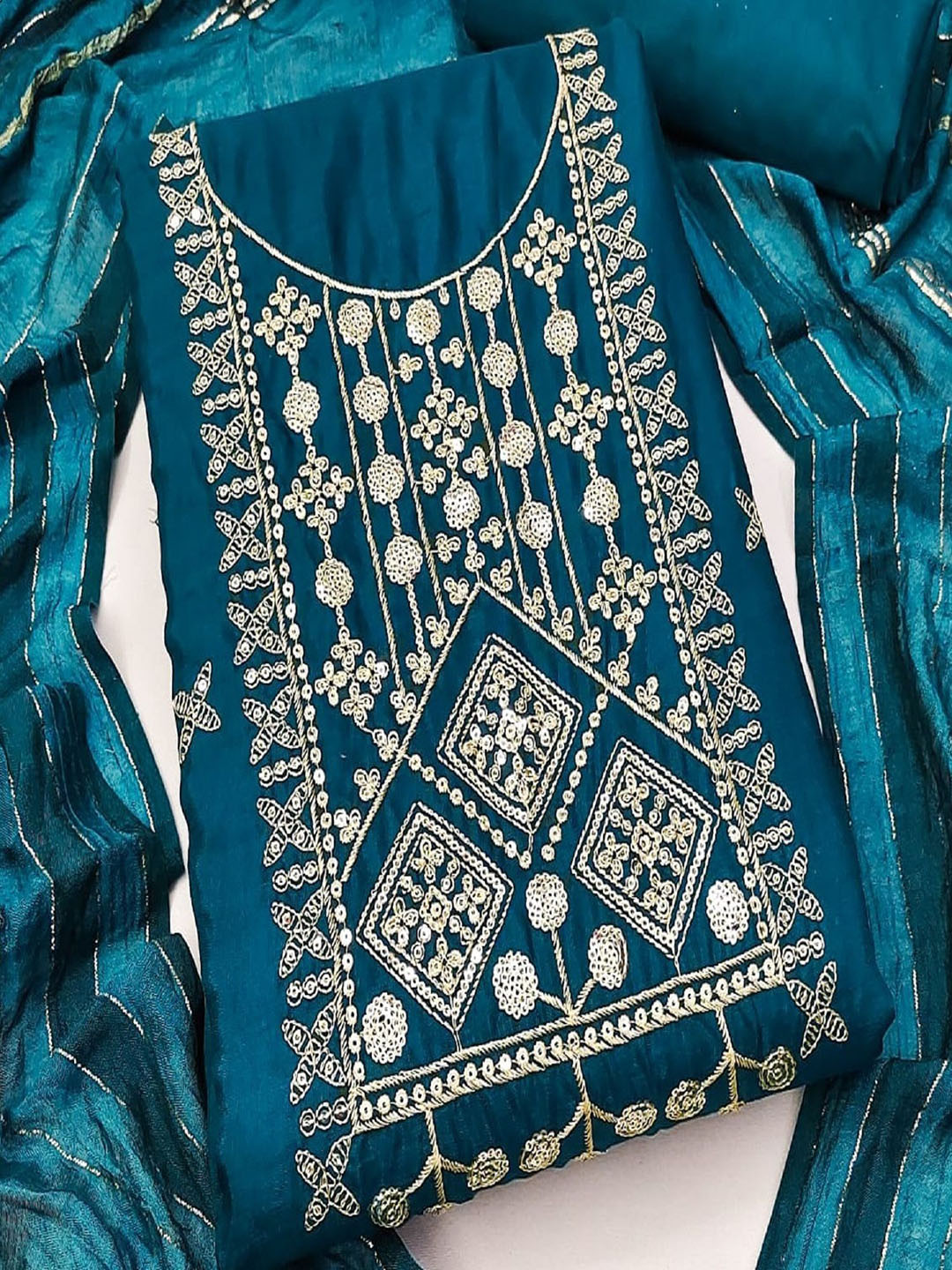 

LADY SHOPI Floral Embroidered Zari Pure Silk Unstitched Dress Material, Teal