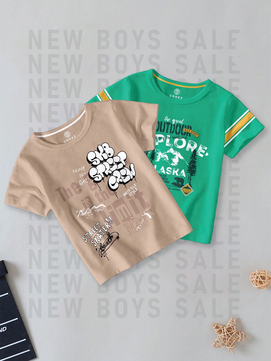 

CODEZ Boys Pack Of 2 Typography Printed Round Neck Cotton T-shirts, Green
