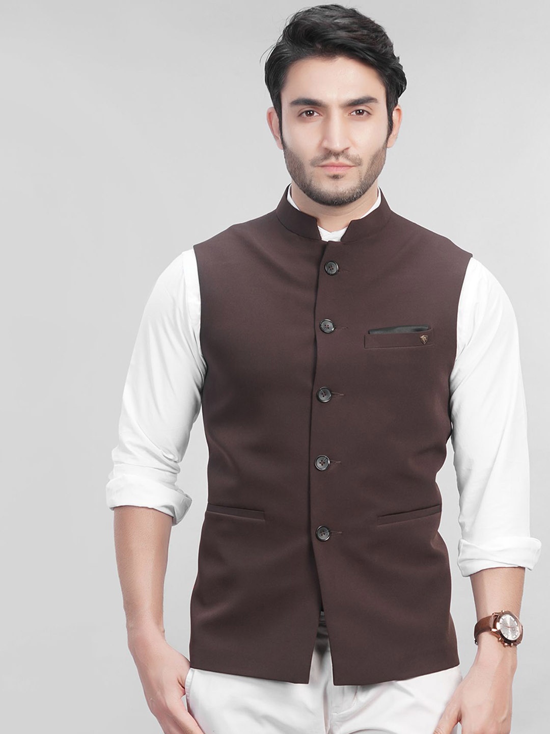 

LA'SCOOT Mandarin Collar Woven Nehru Jacket, Brown