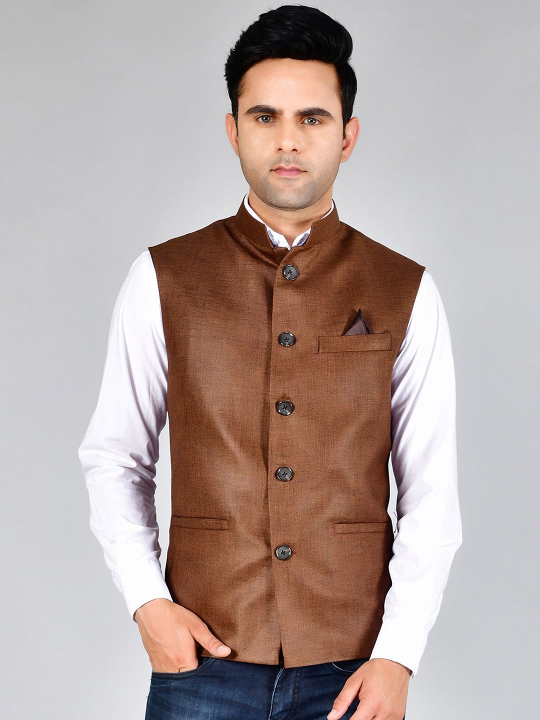 

LA'SCOOT Woven Linen Nehru Jacket, Brown