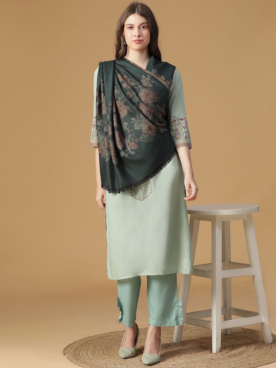 

SHINGORA Dusk Radiance Floral Woven Design Jacquard Pure Woollen Shawl, Green