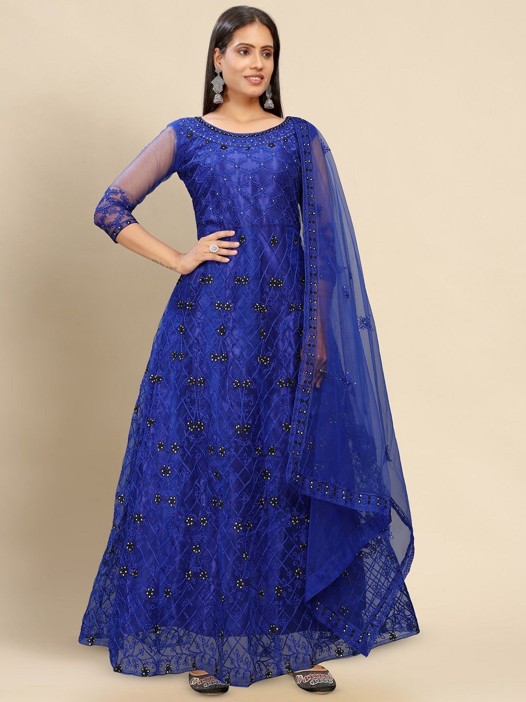

LADY SHOPI Women Embroidered Floral Round Neck Ethnic Dresses, Navy blue