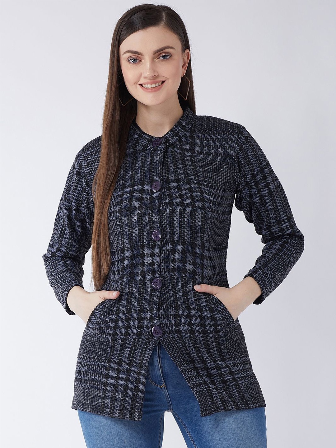 

PIVL Women Checked Printed Longline Cardigan Sweater, Grey