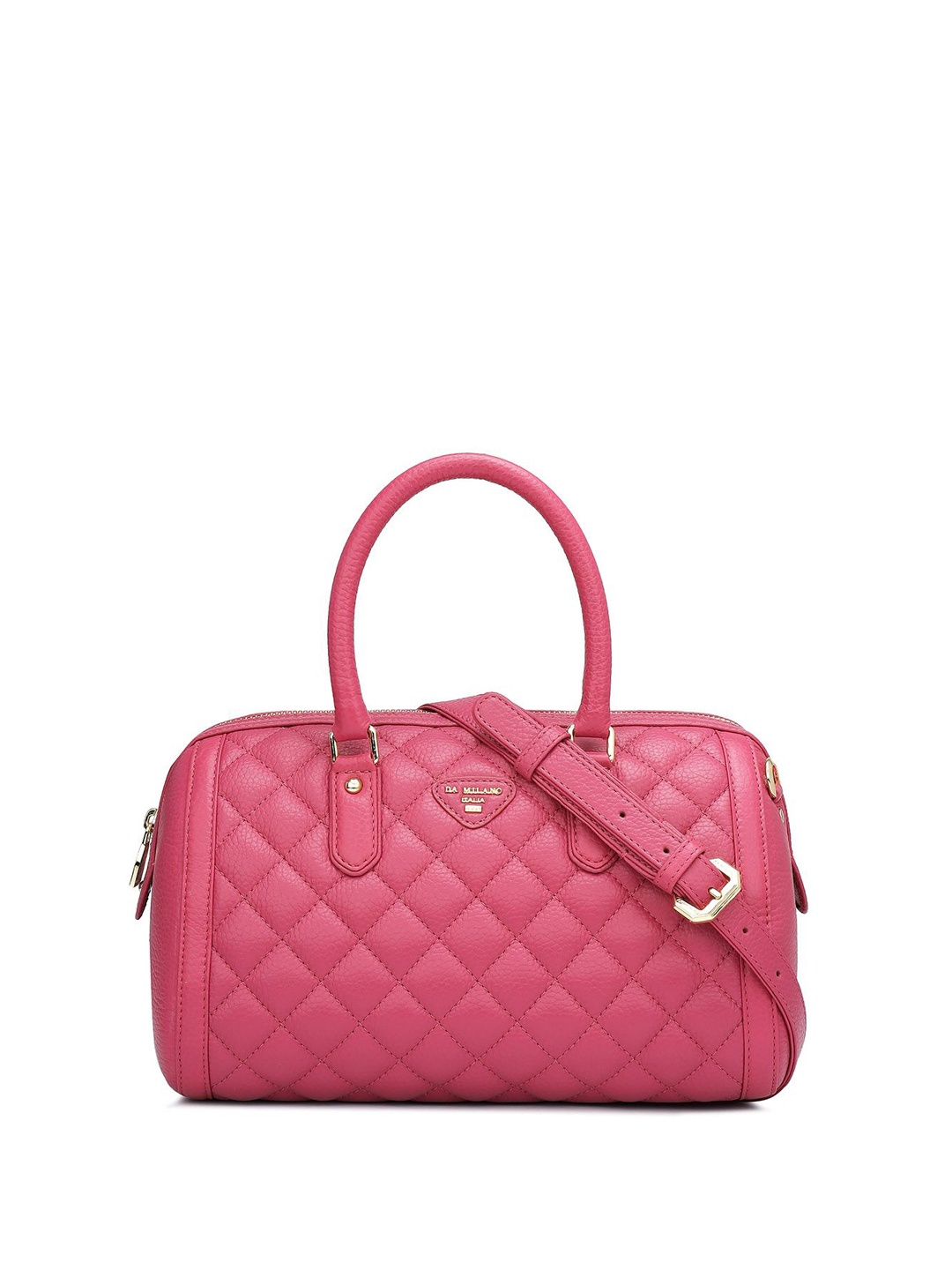 

Da Milano Textured Leather Bowling Handheld Bag with Quilted, Magenta