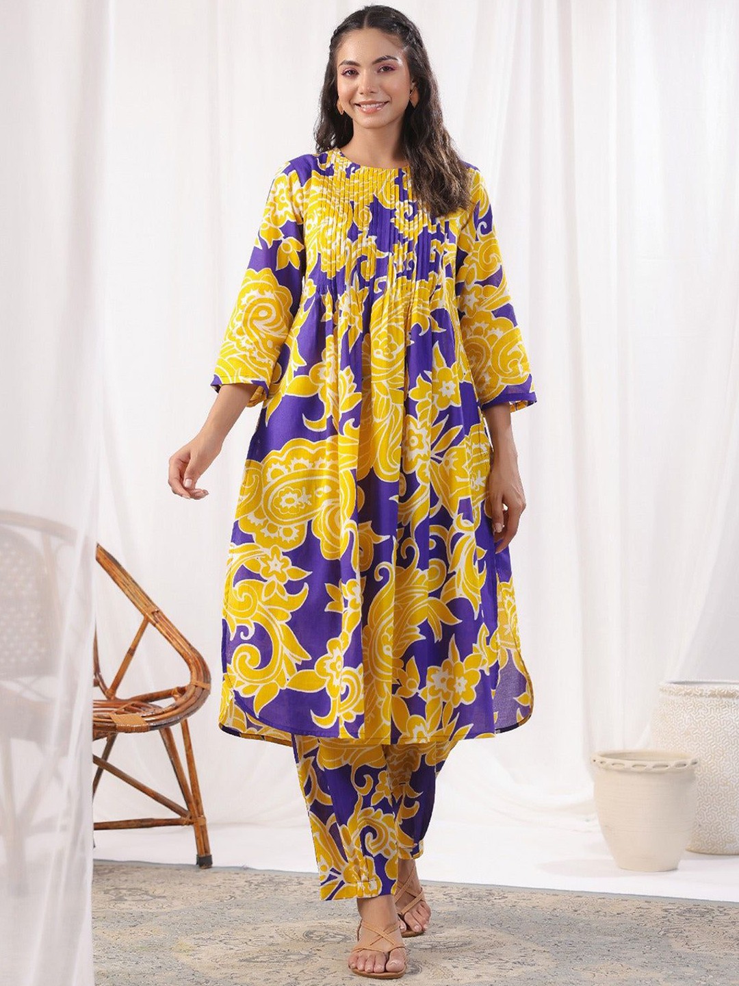 

AUTUMN LANE Ethnic Motifs Printed Round Neck Pure Cotton A-Line Kurta with Trousers, Yellow