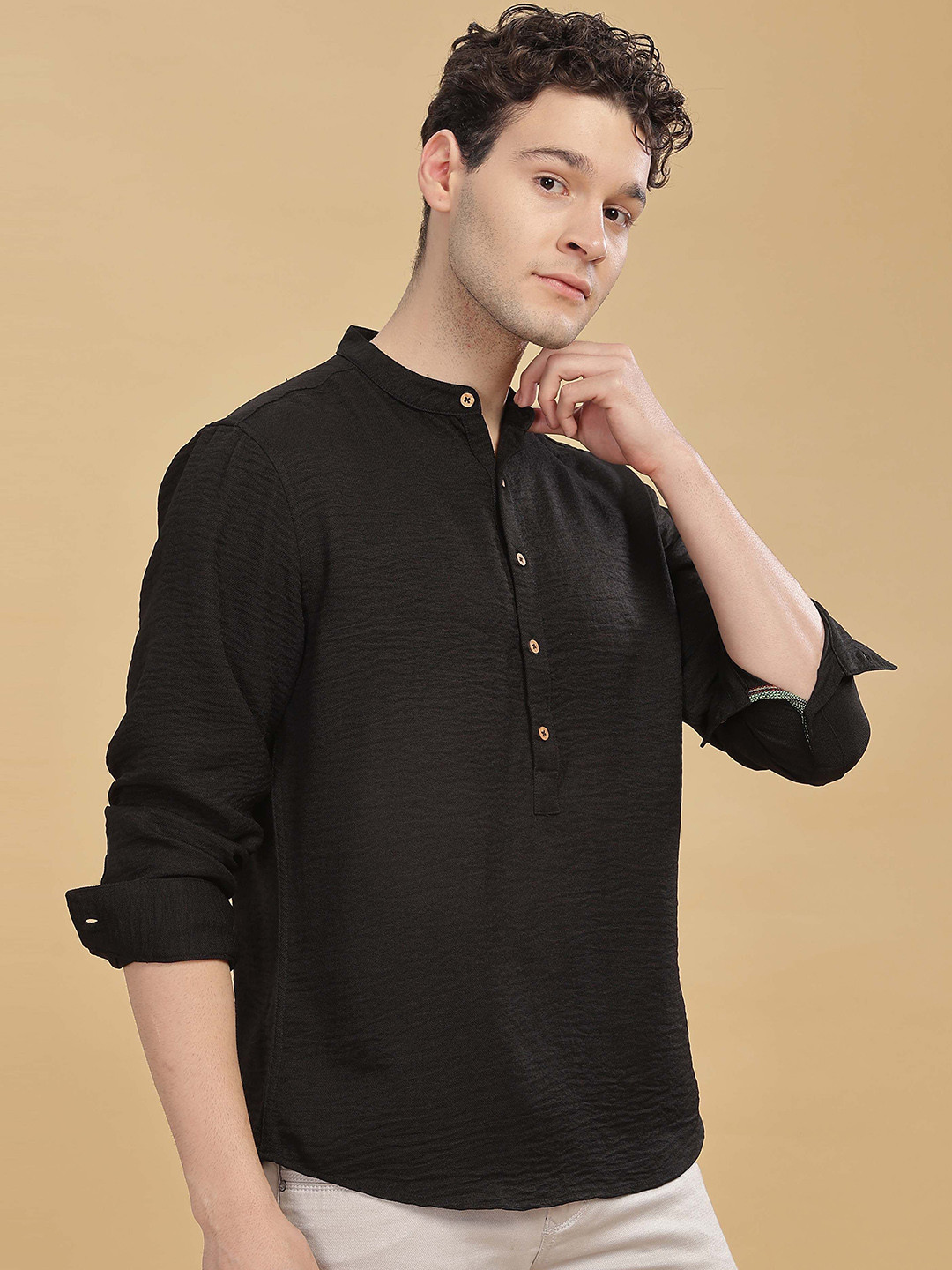 

HERE&NOW Mandarin Collar Short Kurta, Black