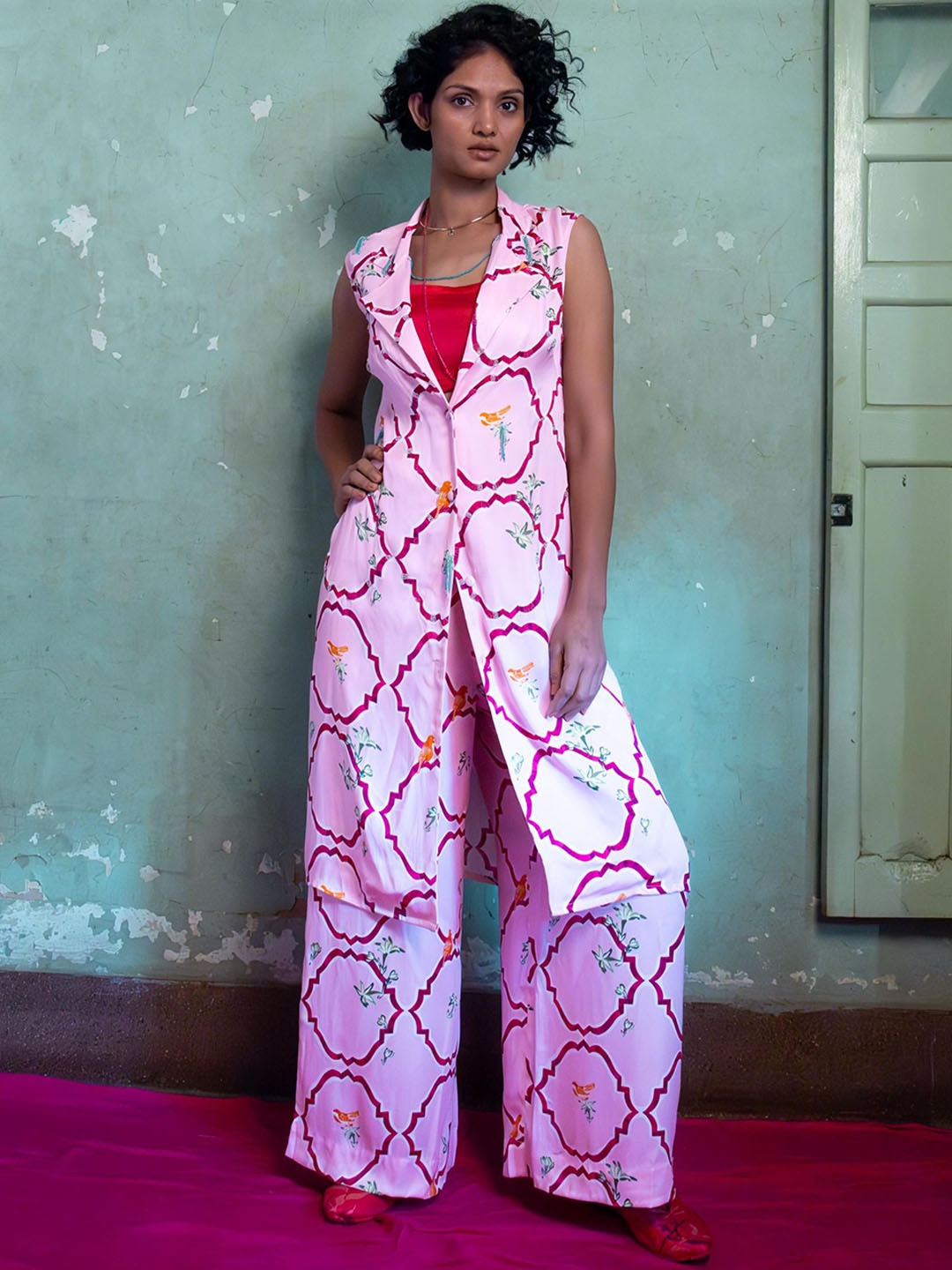 

AMROOD Printed Satin Tunic With Palazzos, Pink
