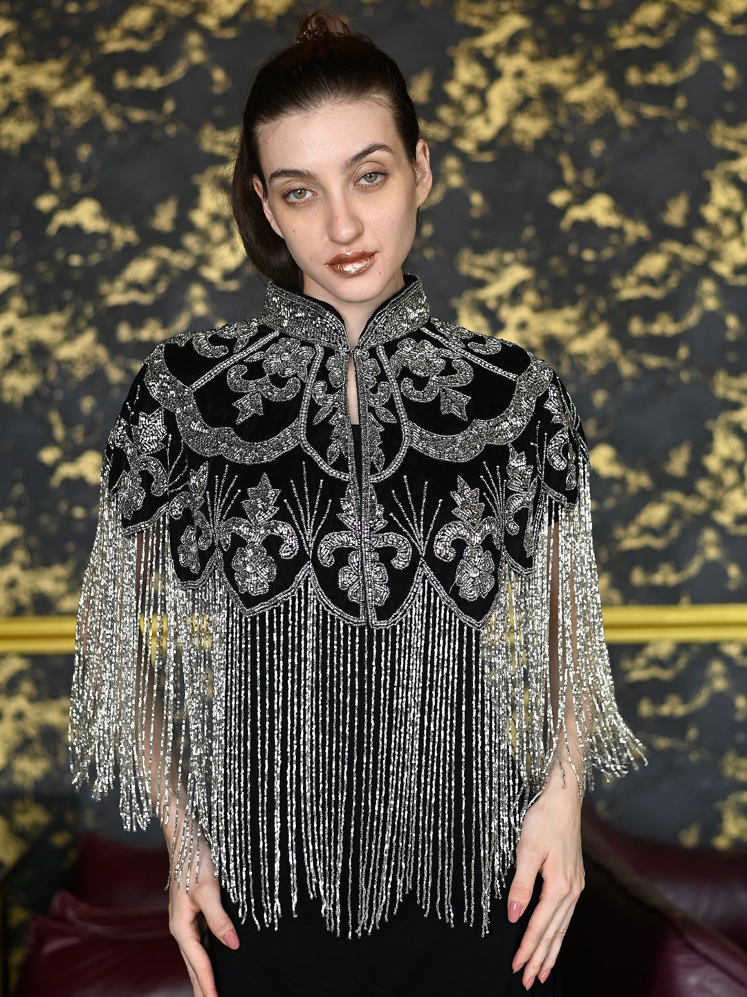 

ODETTE Embroidered Mandarin Collar Crop Tie-Up Shrug, Black