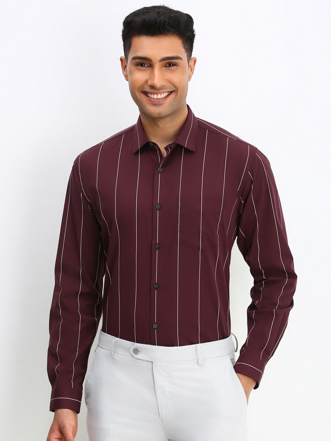 

Allen Solly Men Spread Collar Vertical Striped Cotton Slim Fit Formal Shirt, Maroon