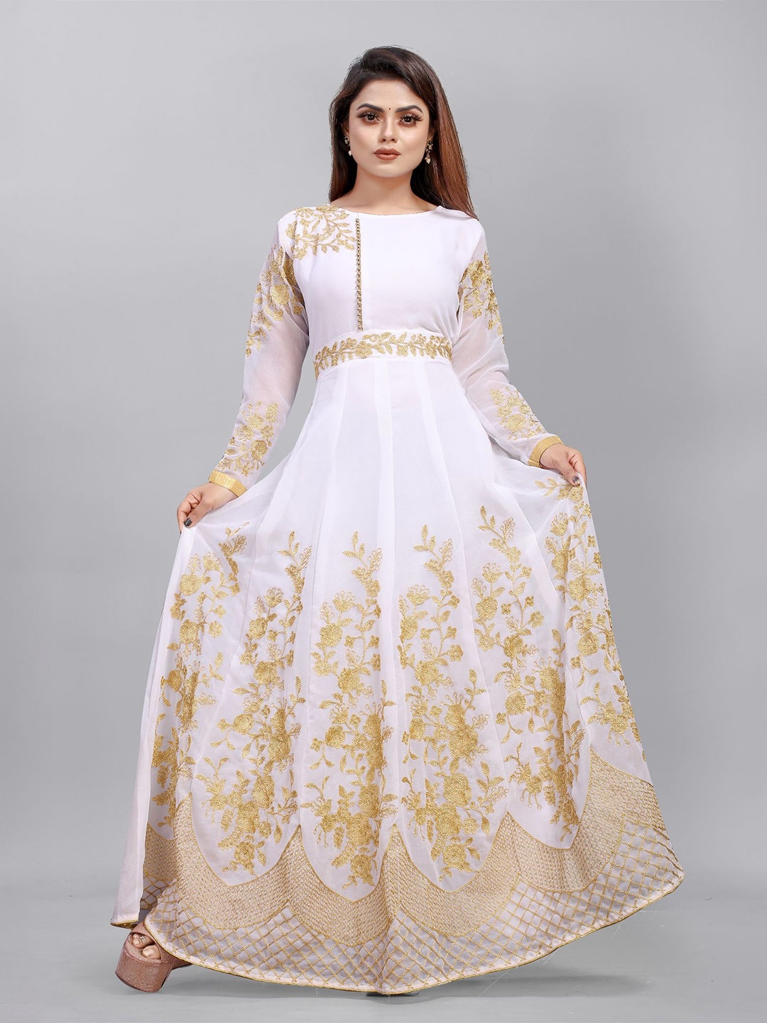 

JULEE Floral Embroidered Georgette Fit & Flare Maxi Dress, White