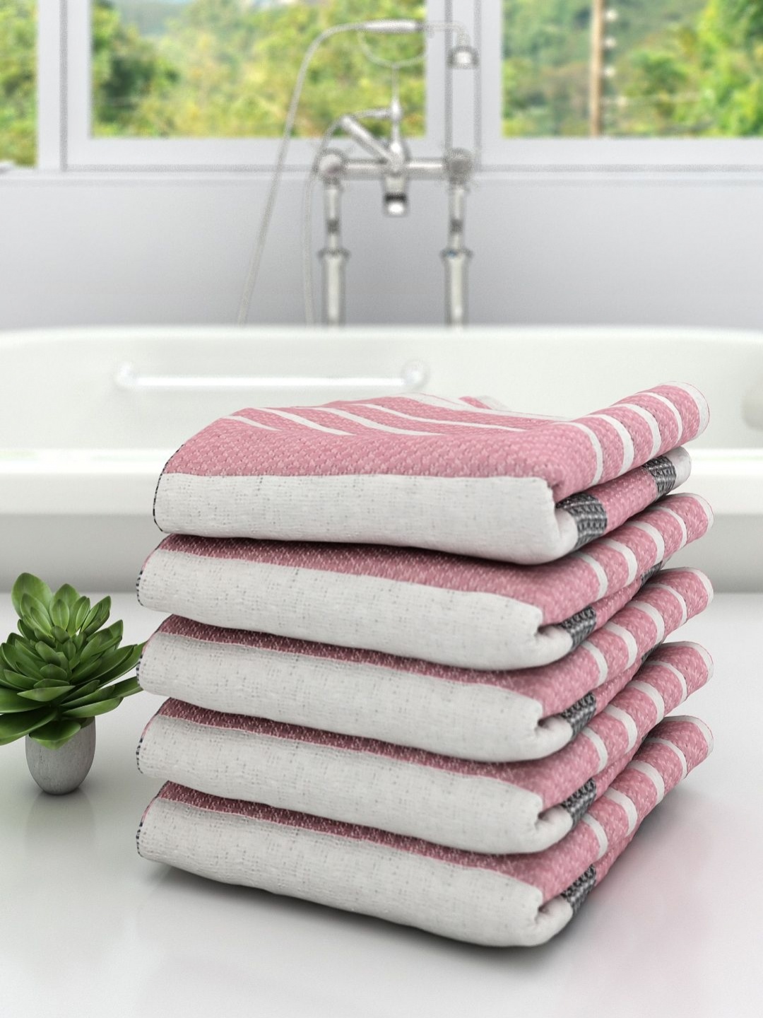 

Aura White & Pink 5 Pieces Striped Cotton 210 GSM Bath Towels