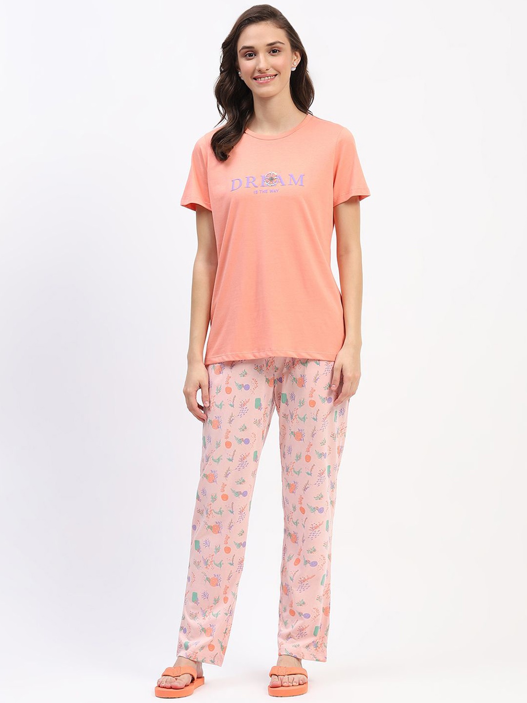 

MADAME M SECRET Women Pure Cotton Floral Printed Night suit, Peach