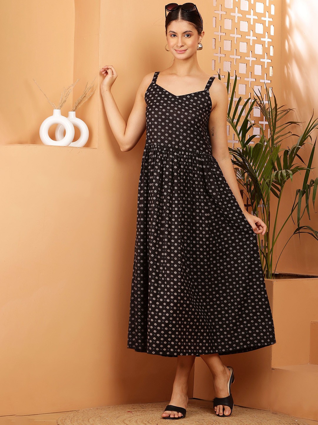 

KALINI New Women Printed Shoulder Straps Fit & Flare Midi Dress, Black