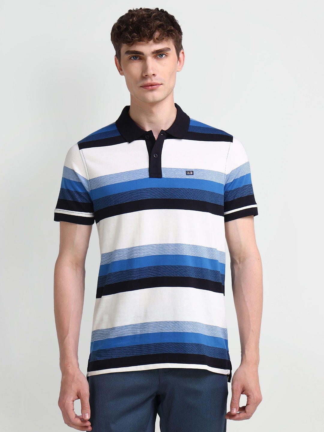 

Arrow Sport Men Striped Polo Collar Cotton T-shirt, White