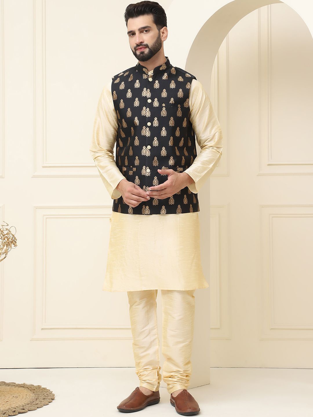 

SOJANYA Mandarin Collar Silk Cotton Kurta With Churidar & Woven Design Nehru Jacket, Cream