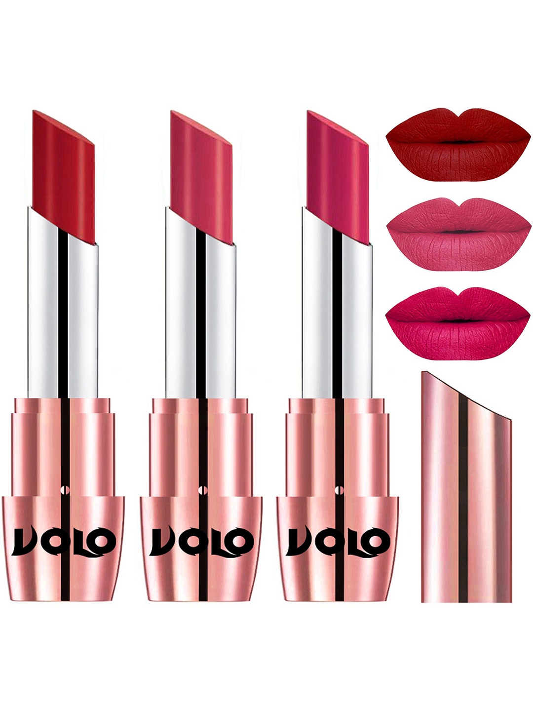 

VOLO Set Of 3 Creme Matte Lipstick - 3.5 g Each -640-Tomato Red 641-Pink 644-Passion Pink, Multi