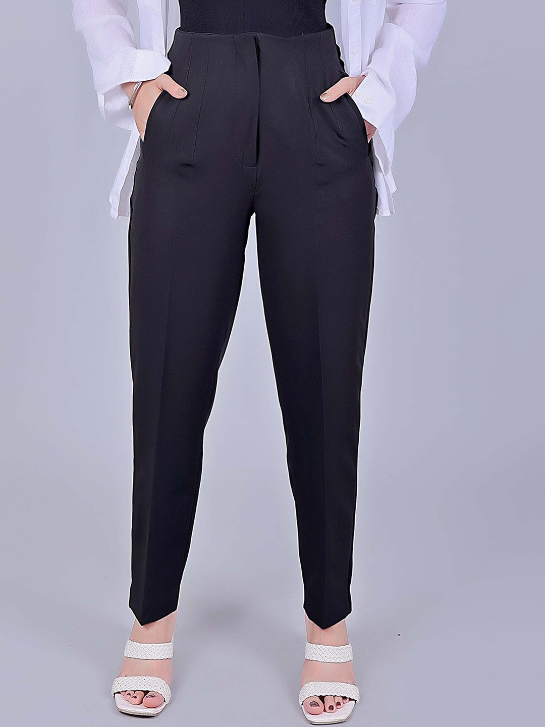 

BLUEBIRD Women Relaxed Straight Leg Straight Fit High-Rise Pleated Cigarette Trousers, Black