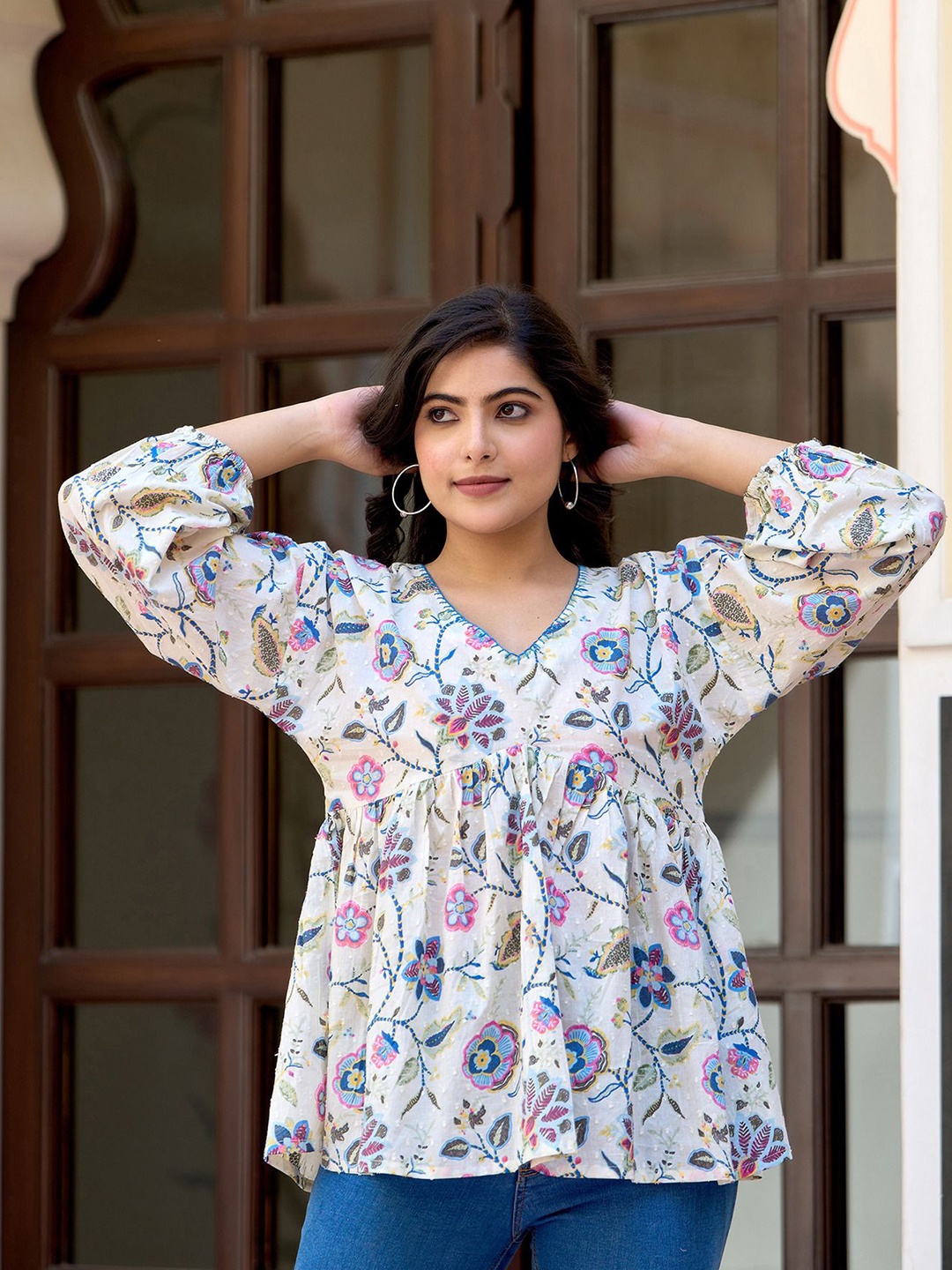 

Nayo Floral Print Cotton Peplum Top, Off white