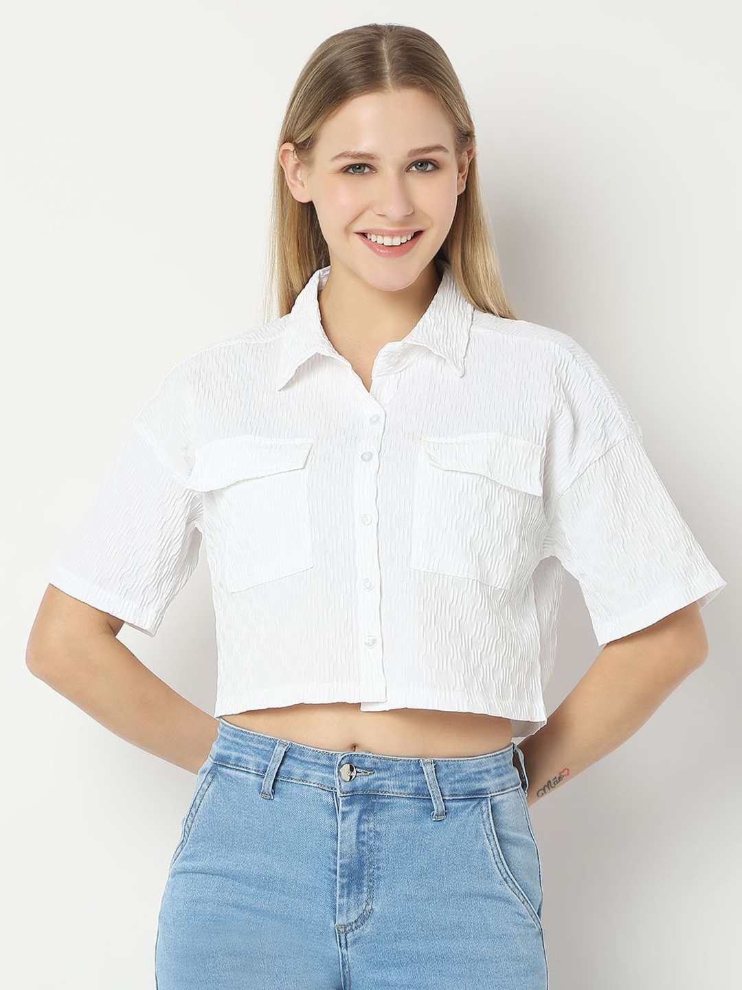 

Smarty Pants Women Comfort Spread Collar Textured Boxy Casual Shirt, White