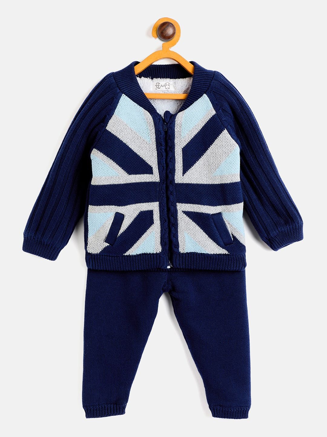 

JWAAQ Unisex Kids Colourblocked V-Neck Long Sleeves Cotton Blend Sweatshirt With Joggers, Navy blue