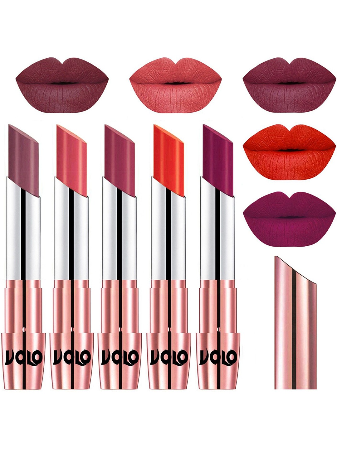 

VOLO Set Of 5 Creme Matte Lipsticks-Plum 36-Dark Peach 37-Rose Pink 38-Coral 39-Magenta 45