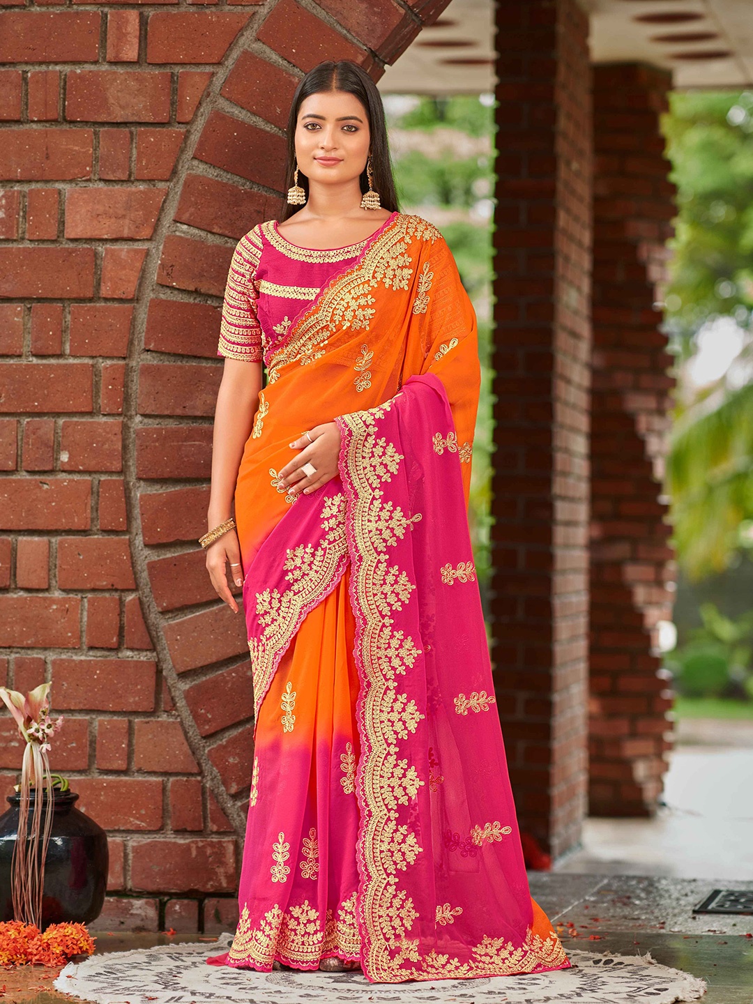 

Zeekha Floral Embroidered Pure Georgette Saree, Orange