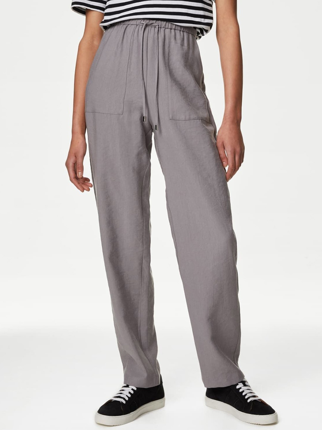 

Marks & Spencer Women Tapered Fit High-Rise Trousers, Grey