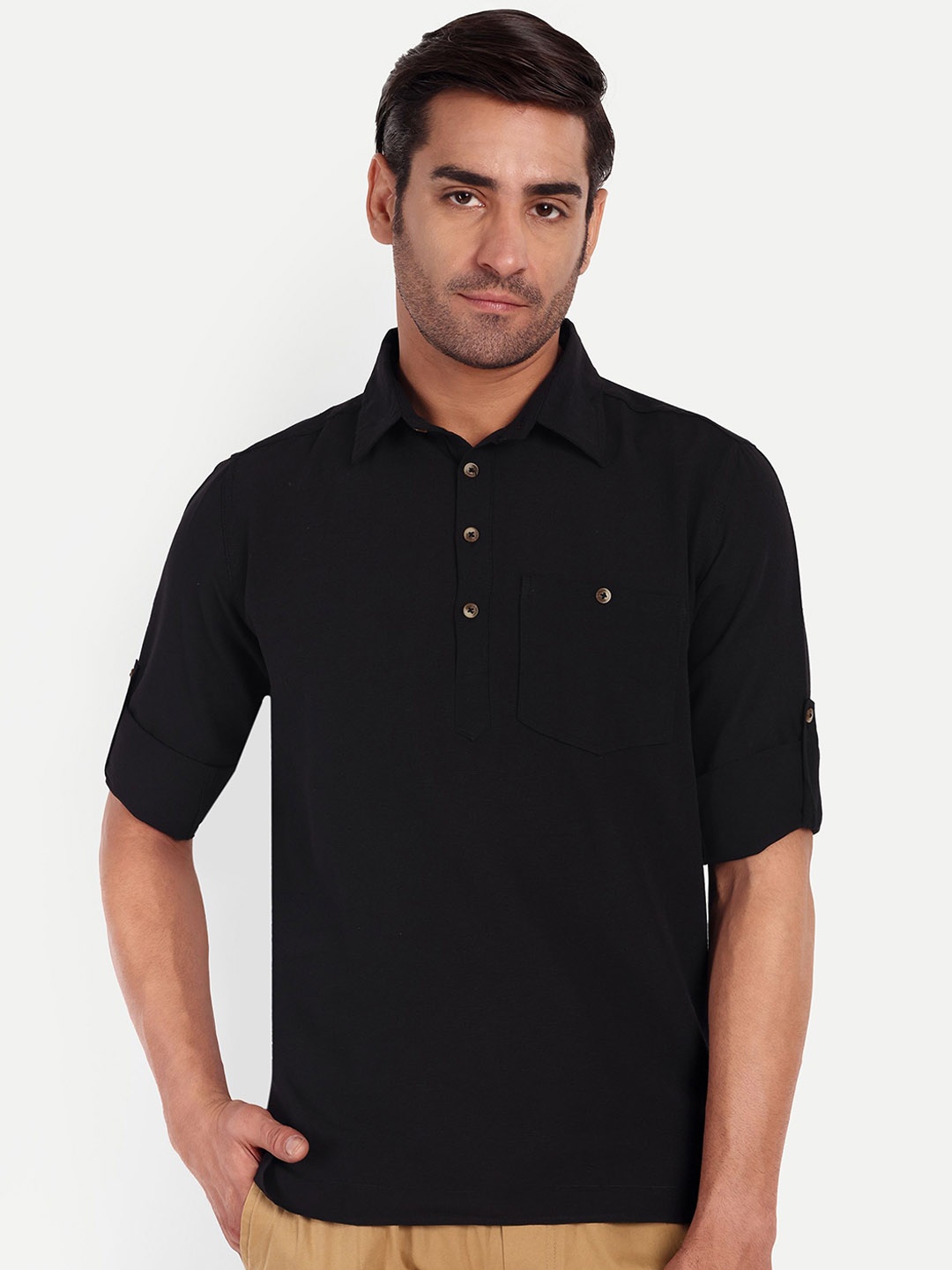 

Springberry Shirt Collar Roll-up Sleeves Cotton Chest Pocket Curved Kurta, Black