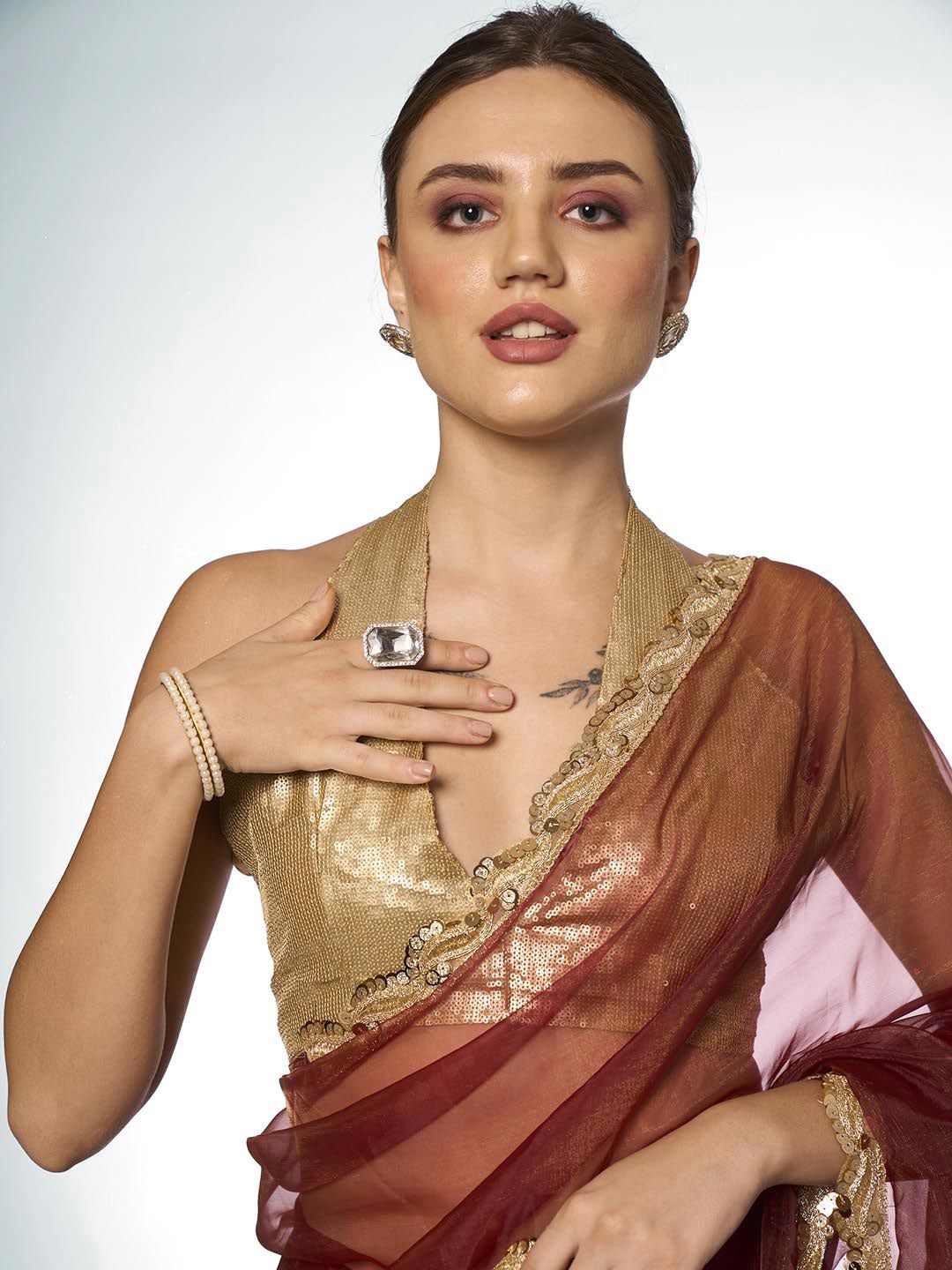 

Kalista Sequinned Organza Ready to Wear Saree, Brown